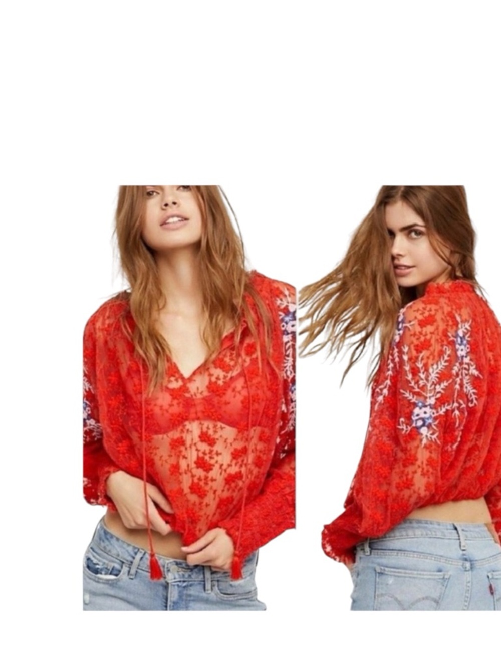 Free People Jubilee Red Embroidered Lace Tulle Crop Sheer Top
